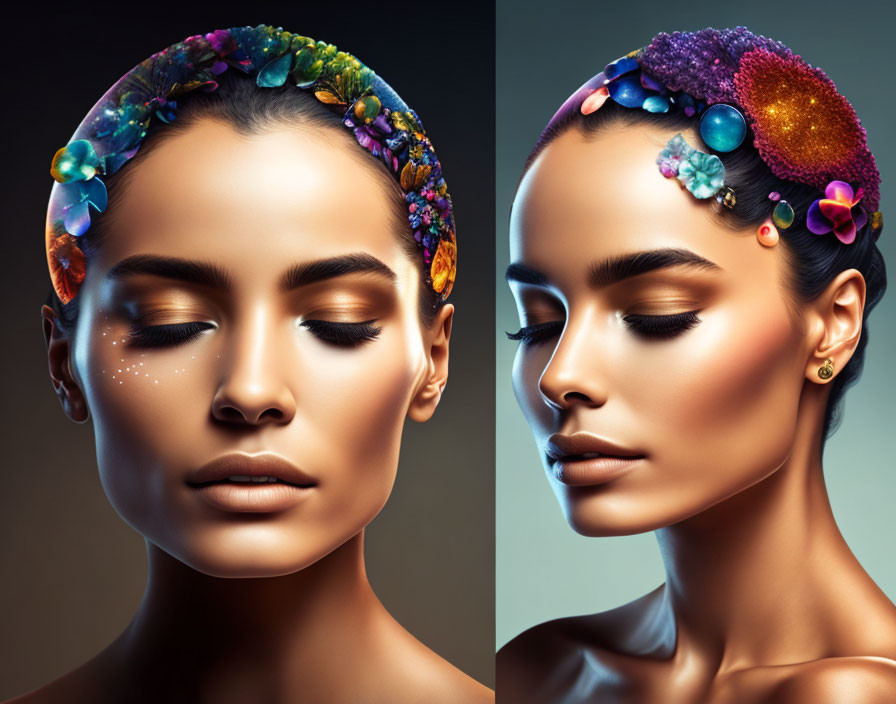 Split-image comparison of woman with and without floral hair accessories, highlighting glamorous makeup.