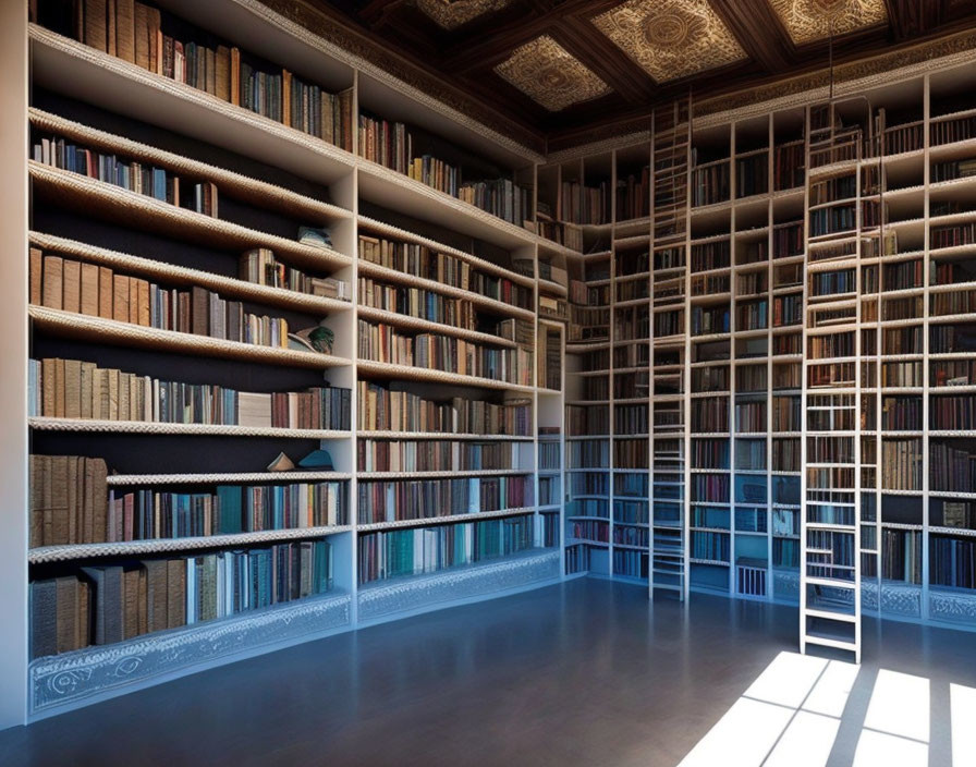 Floor-to-ceiling bookshelves with rolling ladder and large windows in spacious home library