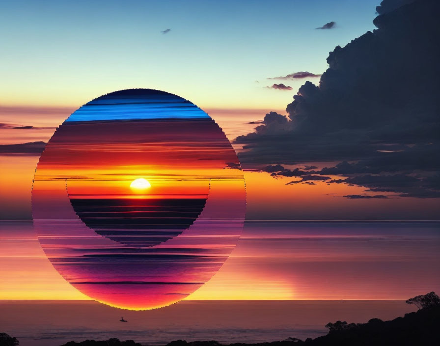 Abstract circular sunset over ocean with boat on horizon