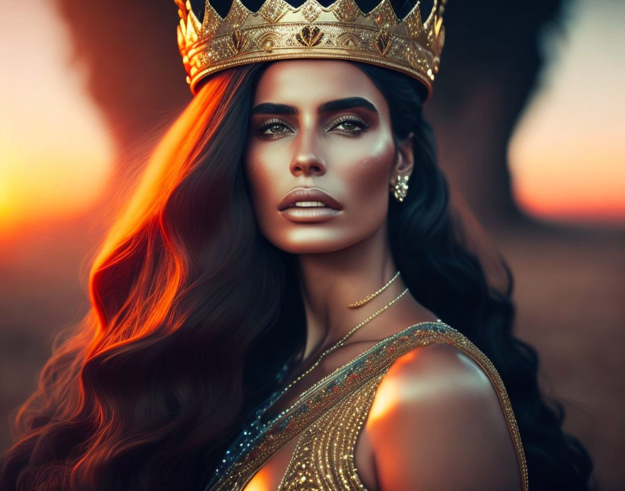 Woman with flowing hair in intricate crown and jewelry against sunset.