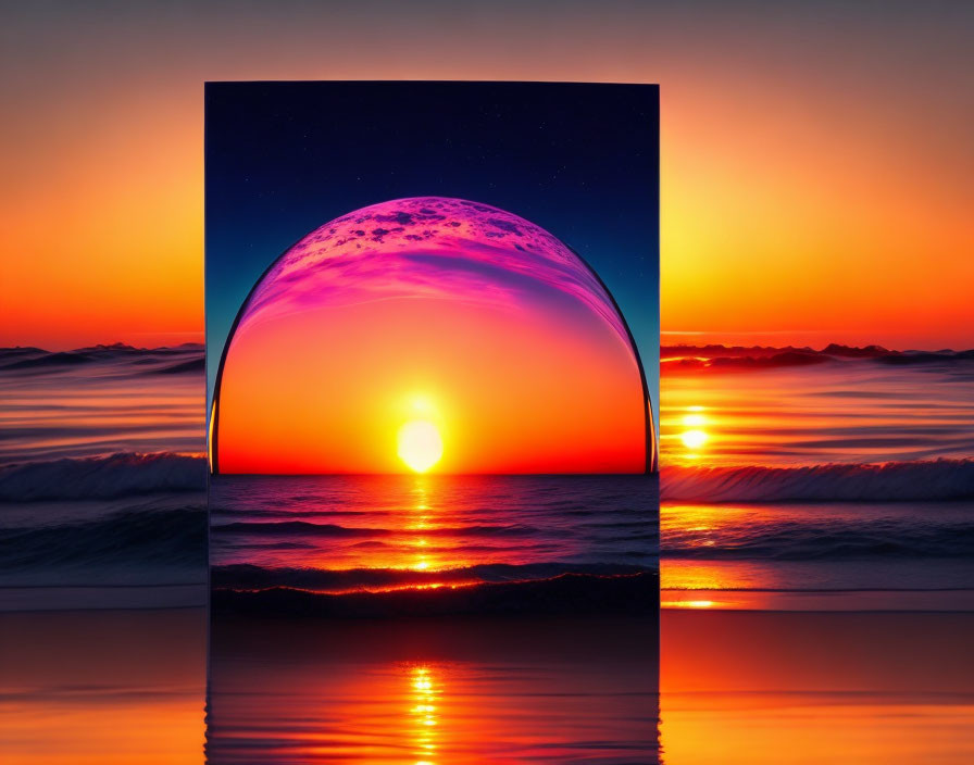 Surreal canvas: Moonlit arch window over beach at sunset