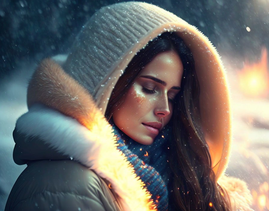 Woman in winter coat standing in falling snow with serene expression.