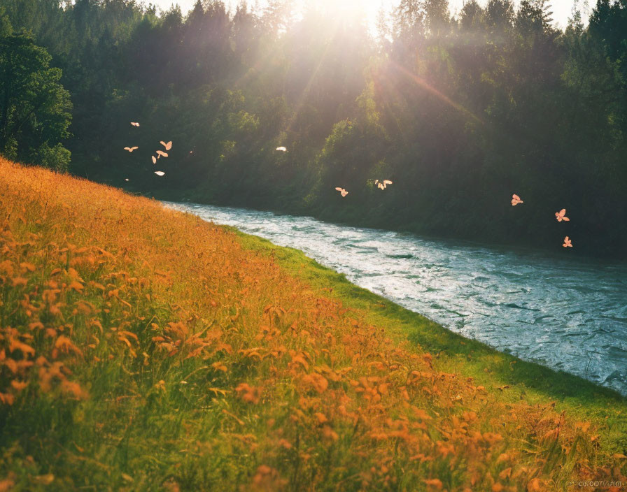 Tranquil river with sunlit banks and birds in flight