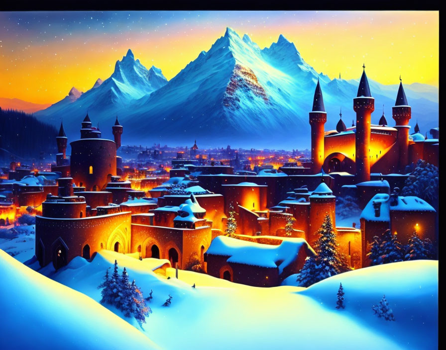 Illuminated castle towers in snowy mountain twilight