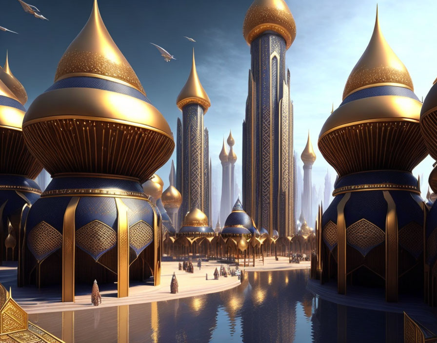 Fantastical cityscape with golden-domed buildings and towering spires