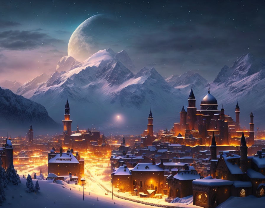 Fantasy city with glowing lights in snowy mountain landscape