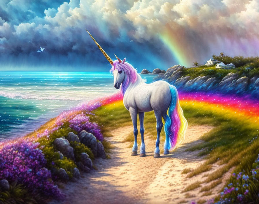 Majestic unicorn with rainbow mane on vibrant seaside path