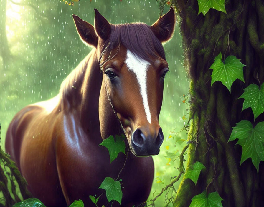 Chestnut horse with white blaze in lush green forest