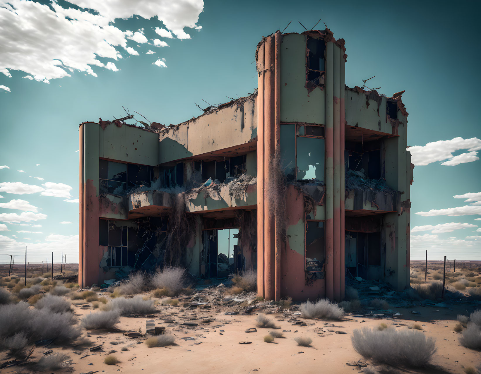 Abandoned two-story building with exposed beams in desert landscape