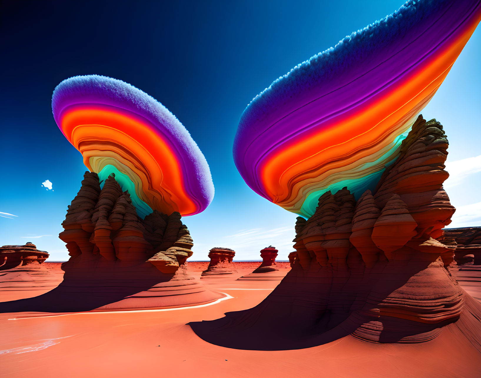 Vibrant surreal landscape with rainbow rock formations