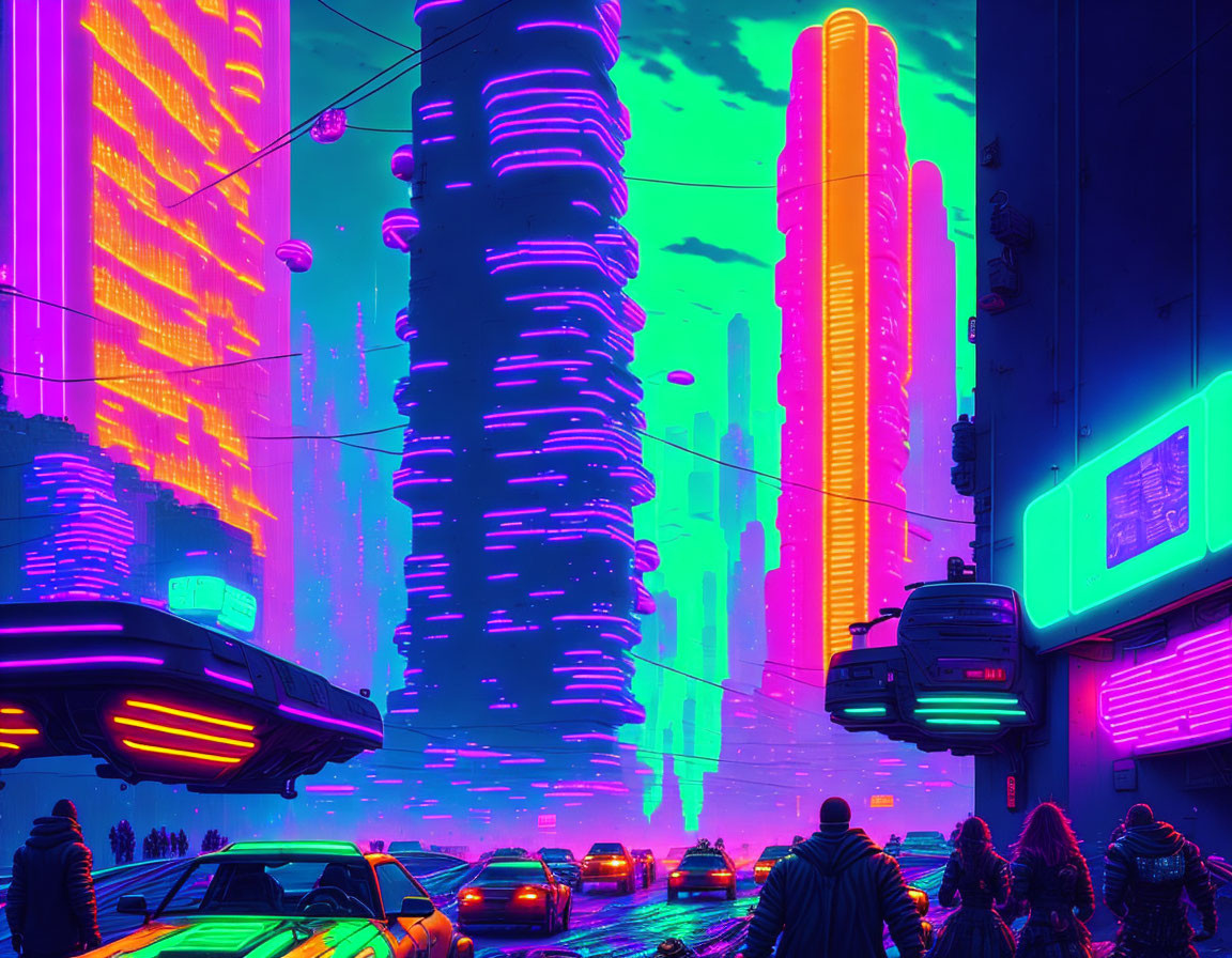 Neon-lit cyberpunk cityscape with flying cars and skyscrapers