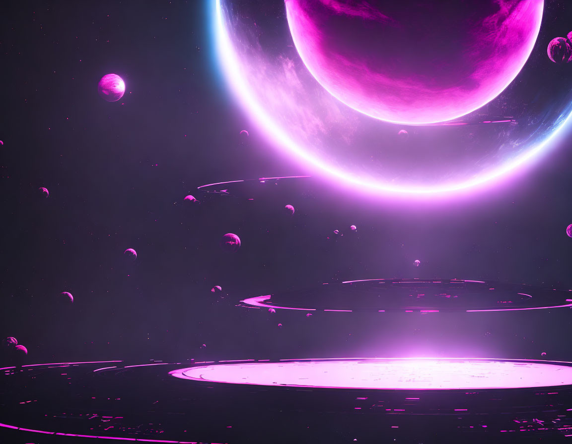 Large Purple Planet with Glowing Rings and Moons in Cosmic Scene