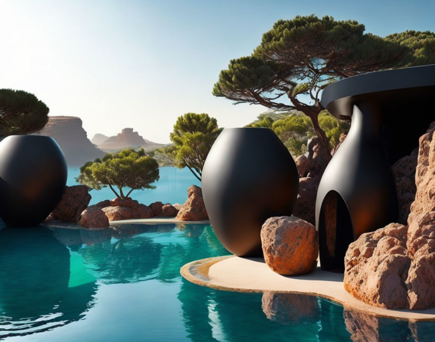 Tranquil Swimming Pool with Natural Rocks and Spherical Black Structures