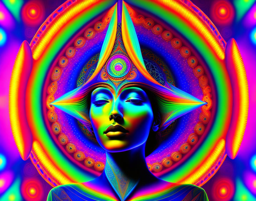 Colorful Psychedelic Image with Cosmic Makeup and Headdress