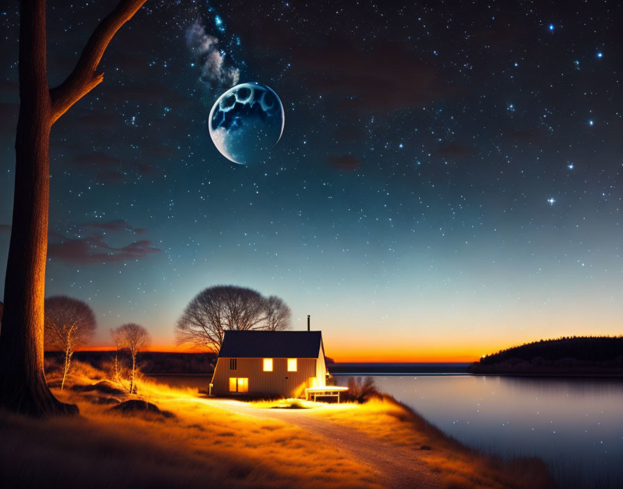 Large vibrant moon over solitary house by calm lake & starry sky with silhouetted trees