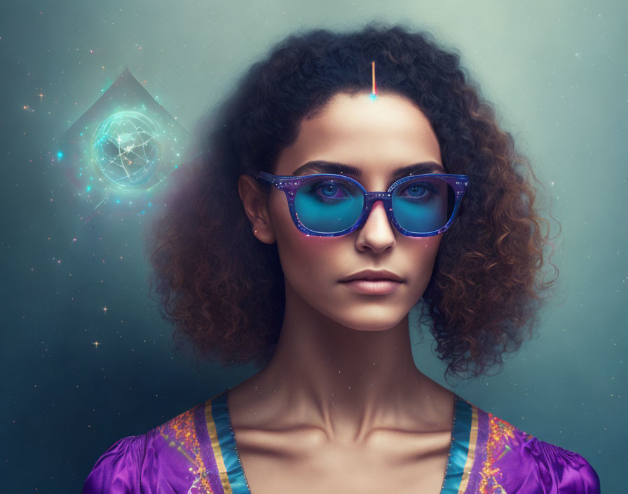 Curly-Haired Woman in Blue Futuristic Sunglasses with Holographic Projection