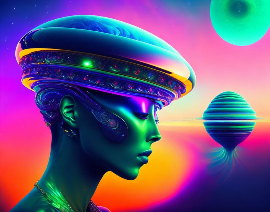 Colorful digital artwork: Woman's profile with futuristic headgear, cosmic backdrop, neon hues.