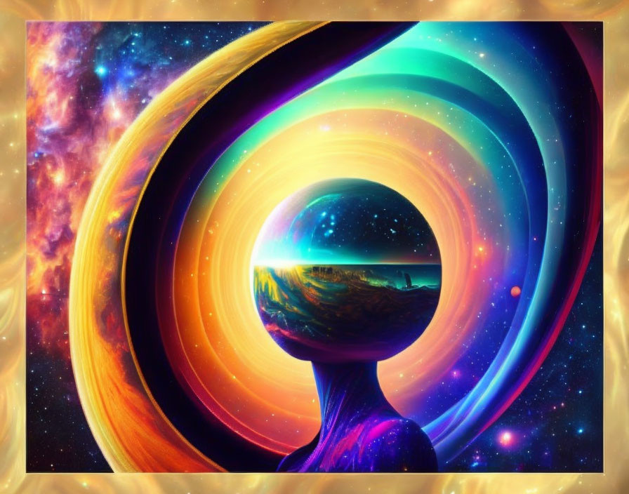 Colorful digital art: silhouette gazes at cosmic portal with rainbow swirls & starry space.