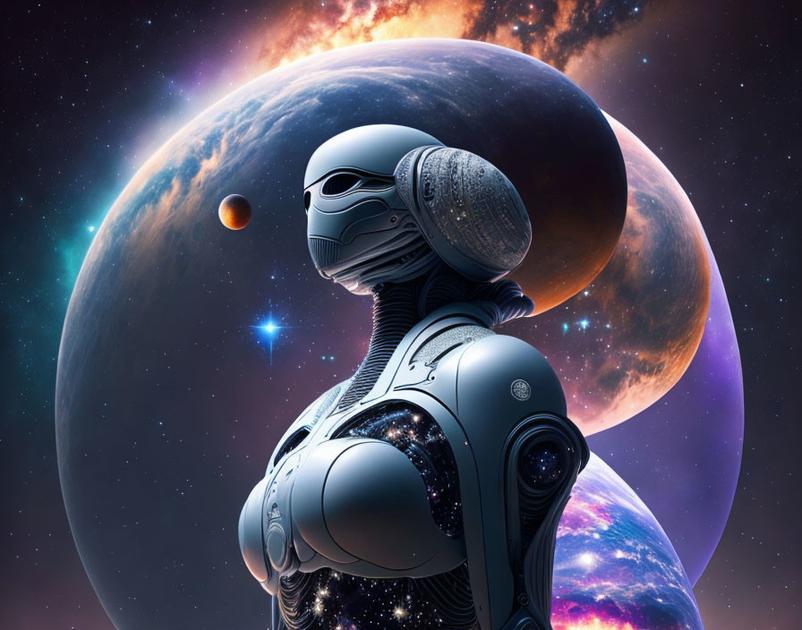 Humanoid robot in space with colorful planets and stars