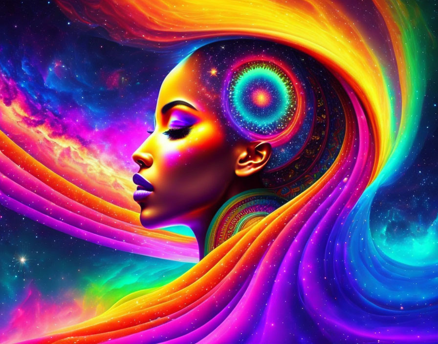 Colorful digital art: Woman's profile with flowing hair in cosmic background