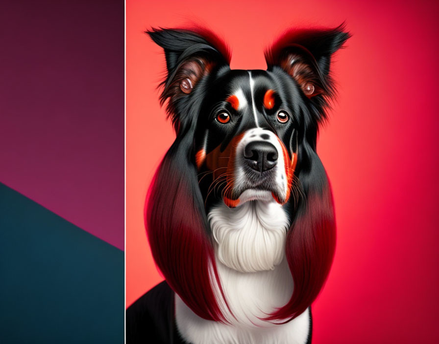 Stylized digital illustration of a black and white dog with expressive eyes and red markings