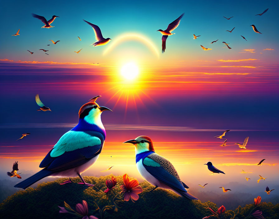 Colorful Birds on Blossoming Branch at Sunset with Flying Birds and Sun Halo