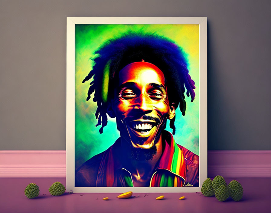 Colorful portrait of a smiling man with dreadlocks on purple wall with fruits.