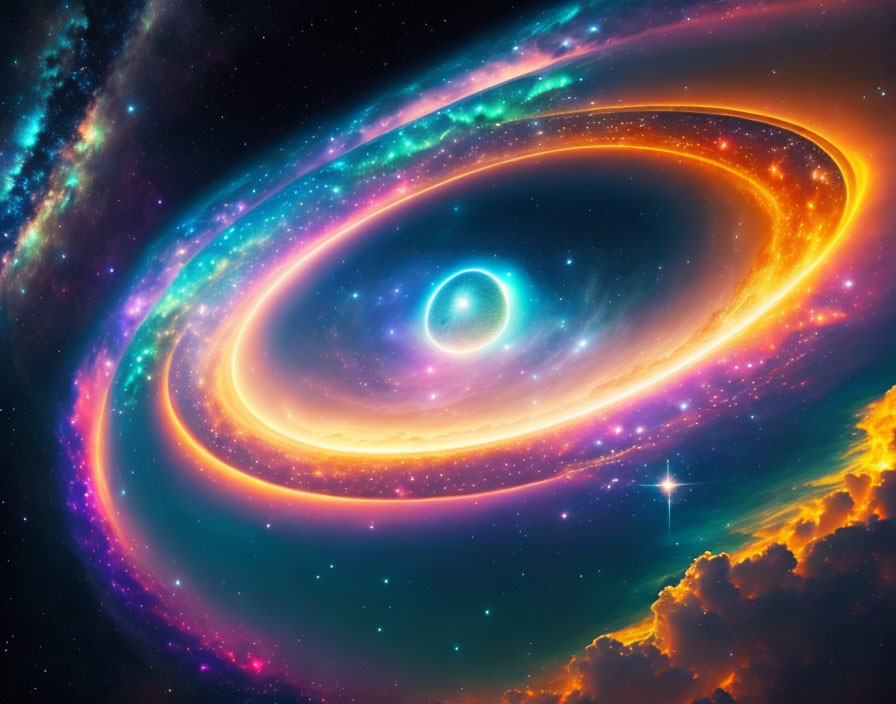 Colorful cosmic scene with spiral galaxy and radiant star