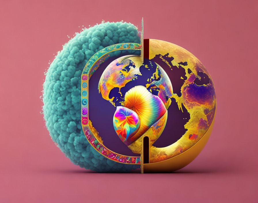 Vibrant globe sliced into quarters with intricate patterns on pink background