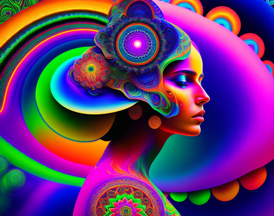 Colorful digital artwork: Woman's profile with psychedelic swirls