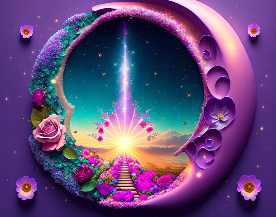 Fantasy landscape with floral moon, pathway, and radiant sky