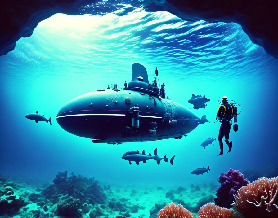 Underwater scuba diver with submarine, fish, coral, and cave ceiling