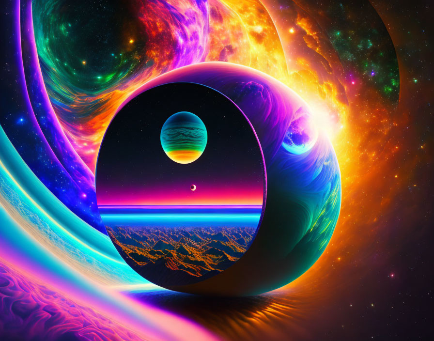 Colorful cosmic artwork featuring planets, stars, and a surreal circular nebula design