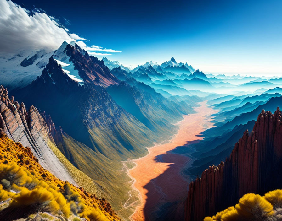 Vibrant mountain landscape with blue skies, clouds, red river valley