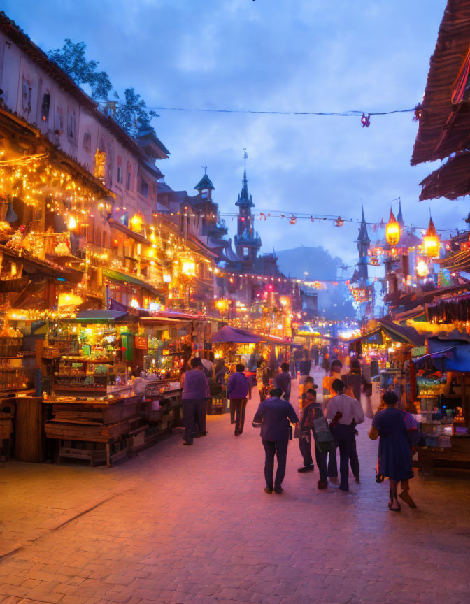 Evening Market with Traditional Architecture and Stalls