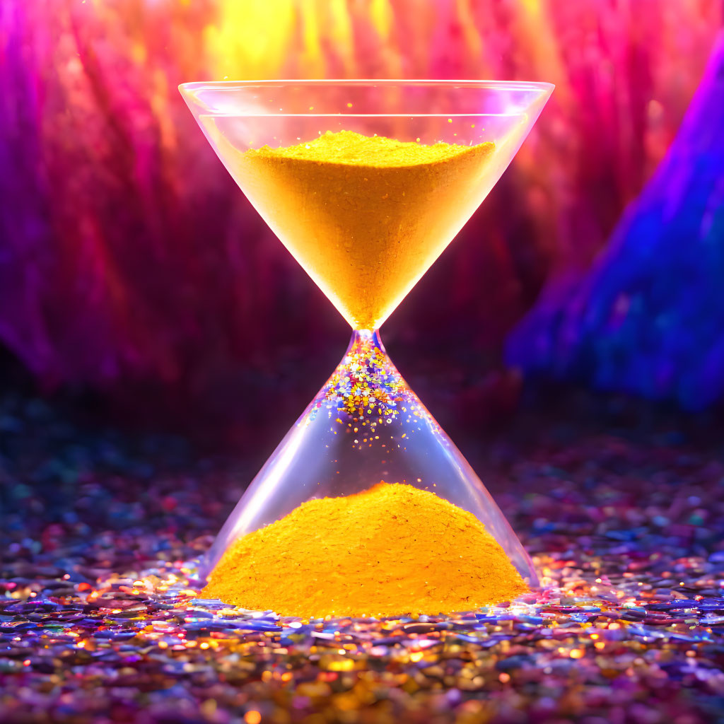 Colorful Hourglass with Golden Sand on Glittering Background