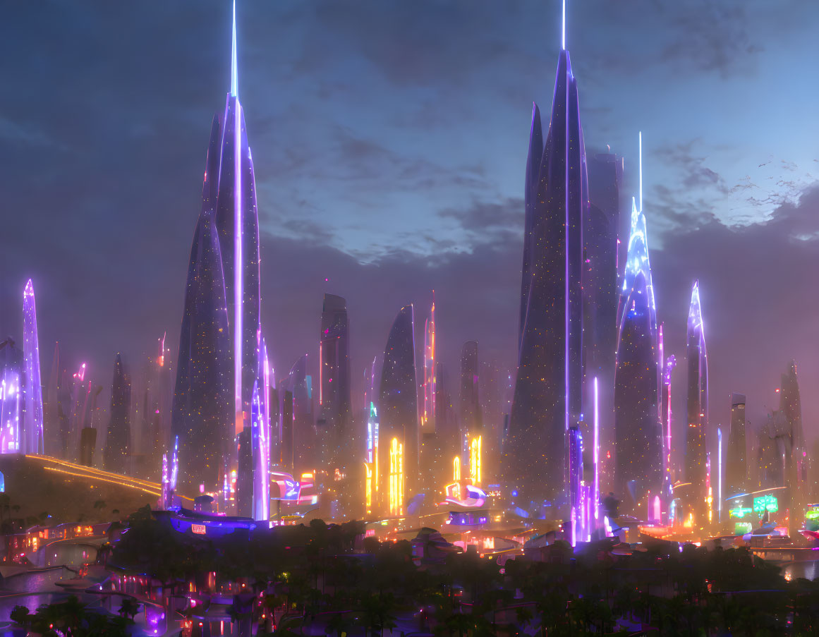 Neon-lit skyscrapers in futuristic cityscape at twilight