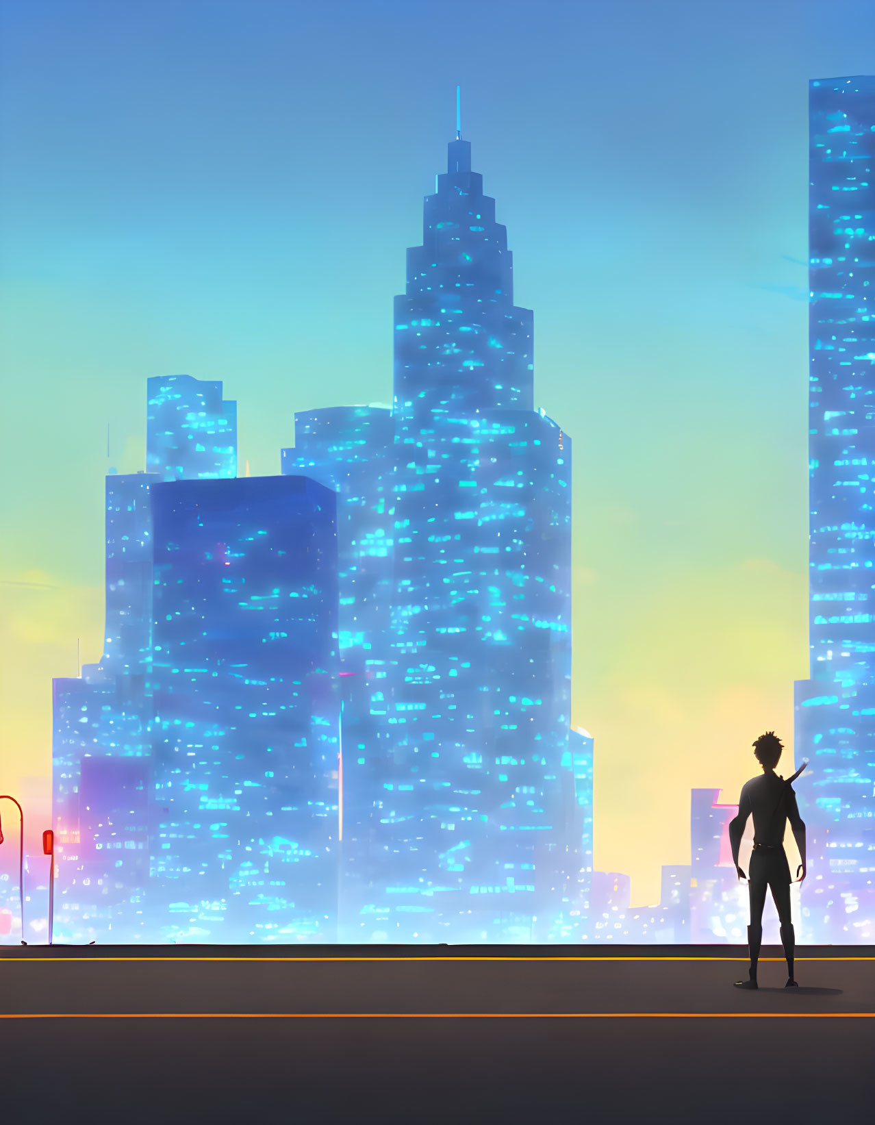 Silhouette of person against glowing cityscape at dusk