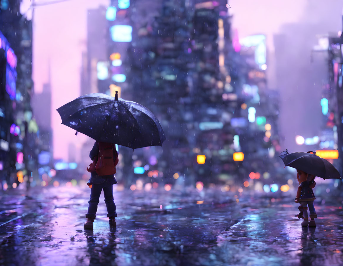 Rainy night city street scene with two individuals holding umbrellas