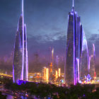 Neon-lit skyscrapers in futuristic cityscape at twilight