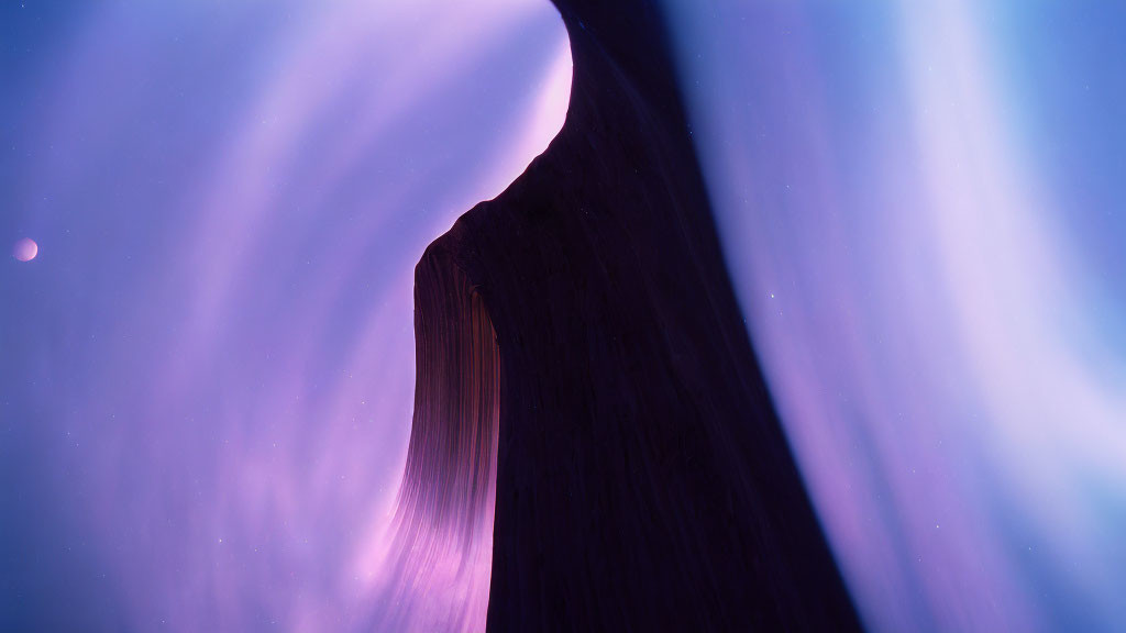 Majestic rock formation under purple sky with aurora lights.