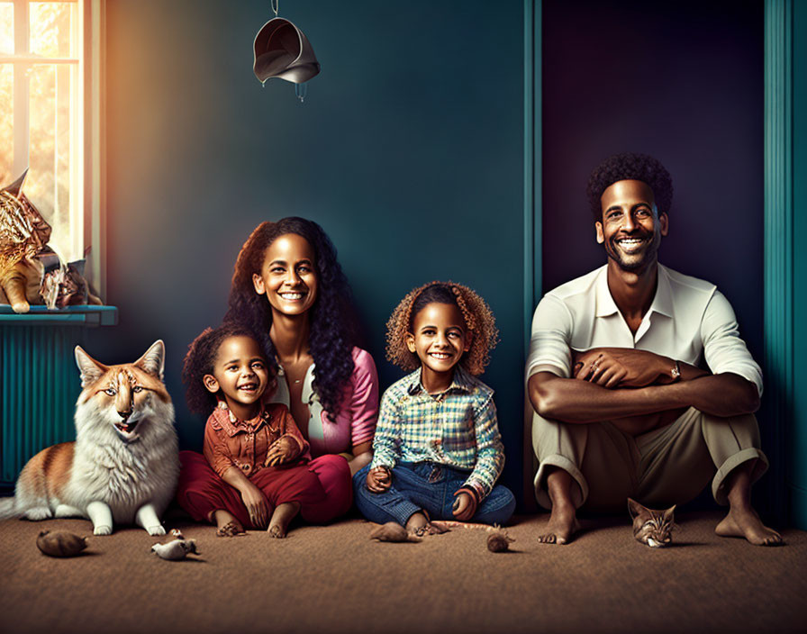 Family with two children, fox, and kittens in cozy room with sunlight