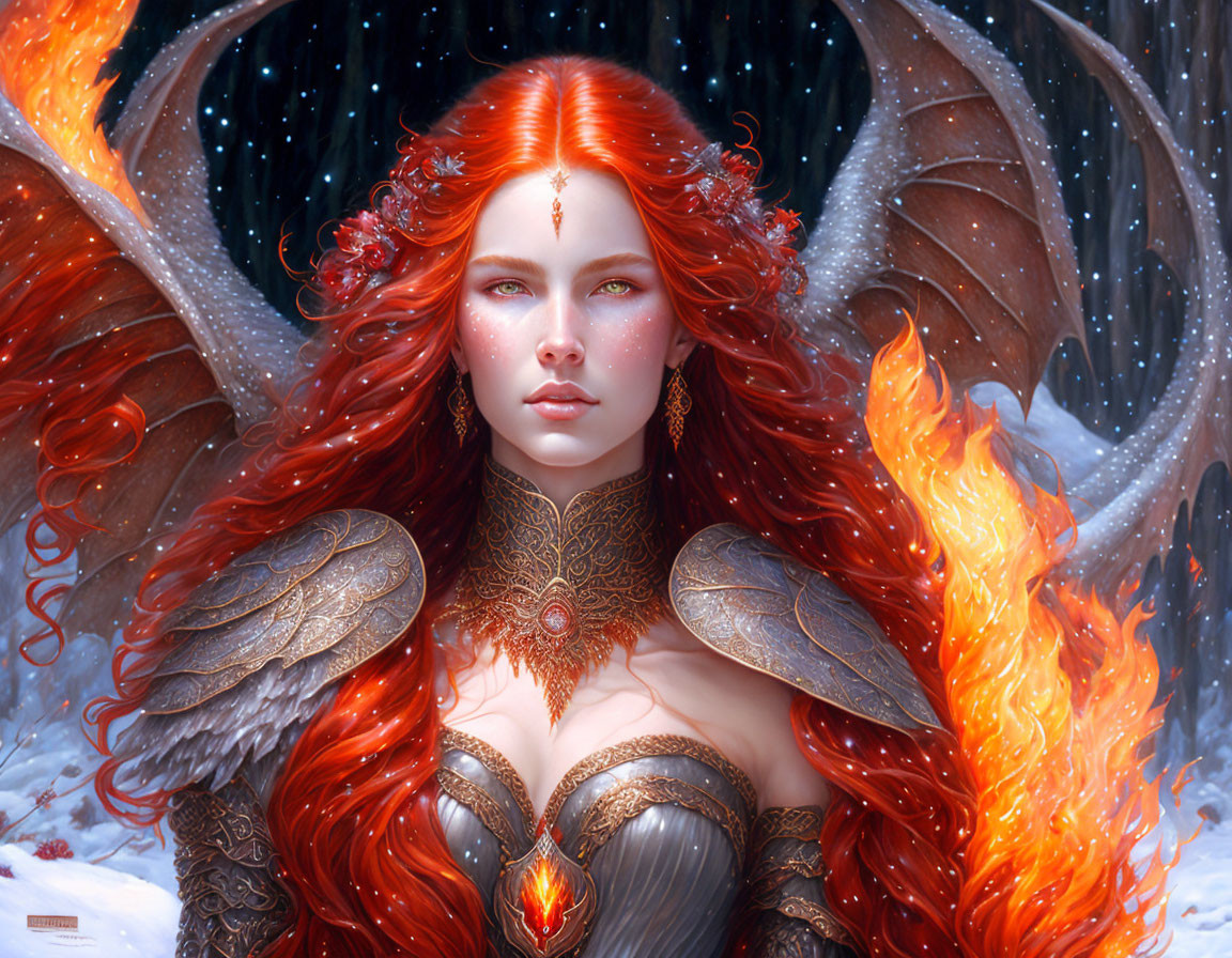 Fantastical woman with red hair and fiery wings in ornate armor.