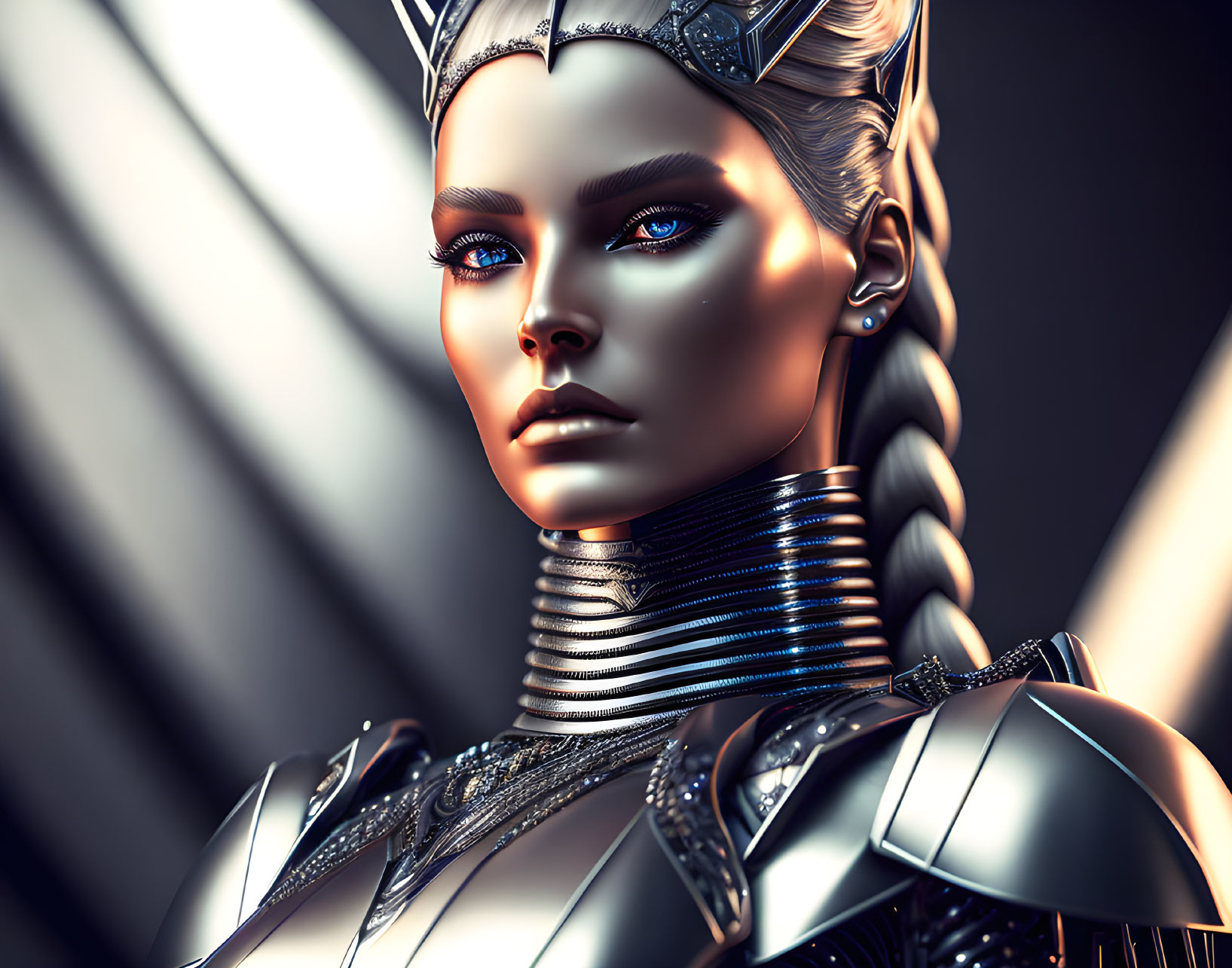 Detailed Illustration of Futuristic Female Android in Silver Armor and Regal Headdress