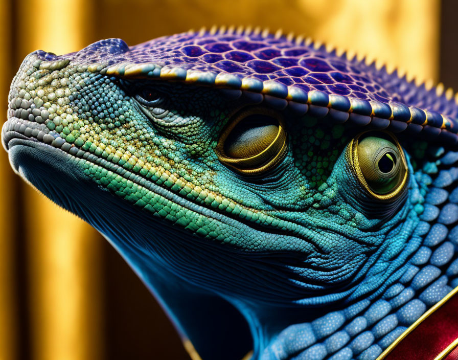 Vividly colored reptile with textured skin and prominent eyes