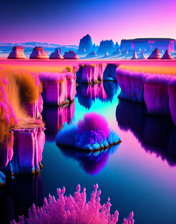 Surreal landscape with purple and pink hues, rocks, water, twilight sky