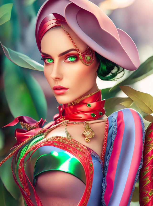 Colorful portrait of a woman with green eyes in vibrant attire