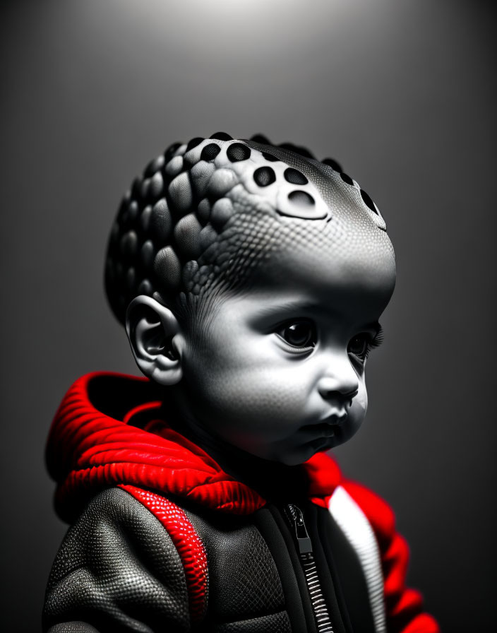 Monochromatic child with textured patterns and red-black jacket