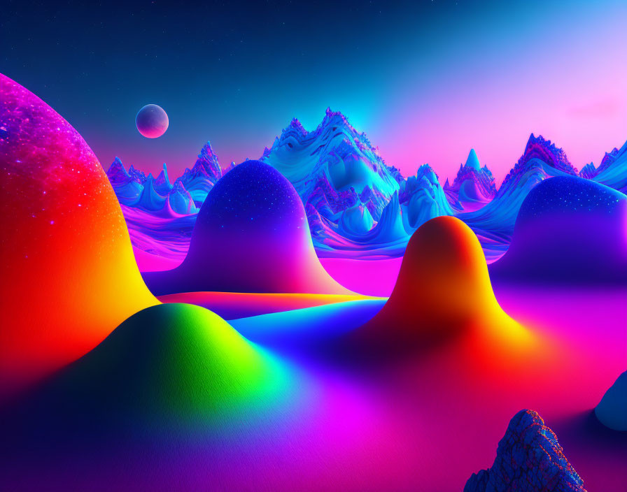 Colorful hills, alien mountains, and purple sky in fantasy landscape