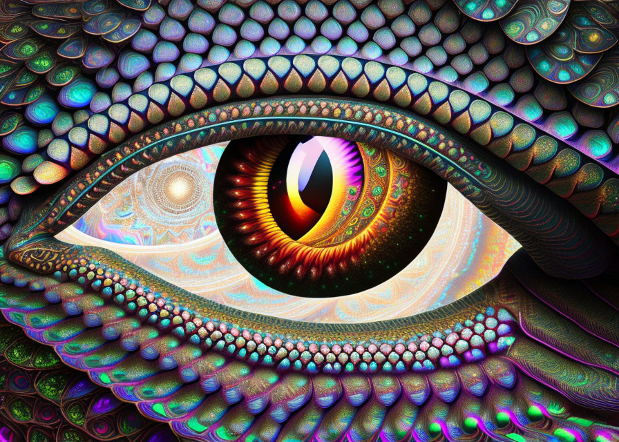 Fractal-style digital illustration of vibrant eye patterns